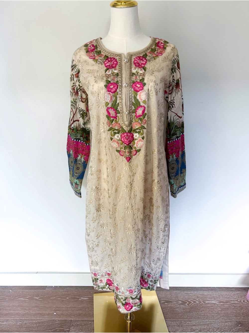 Floral Embroidered Pakistani Kurta Gold Threadwork Tunic Pearl Buttons Boho Chic